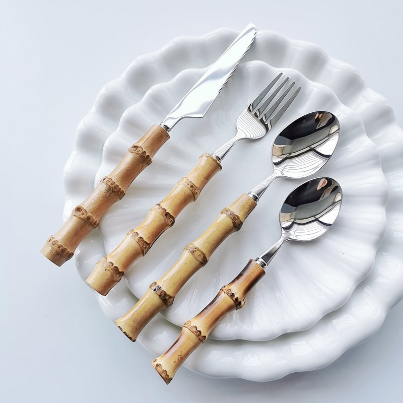 4 Pcs Silverware Set Stainless Steel Bamboo Handle  Cutlery Utensil Kitchen New
