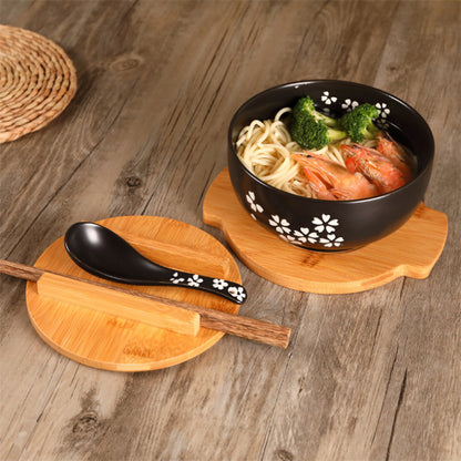 Japanese Style Rice Noodle Bowl with Lid Spoon and Chopstick  Ceramic Kitchen Tableware
