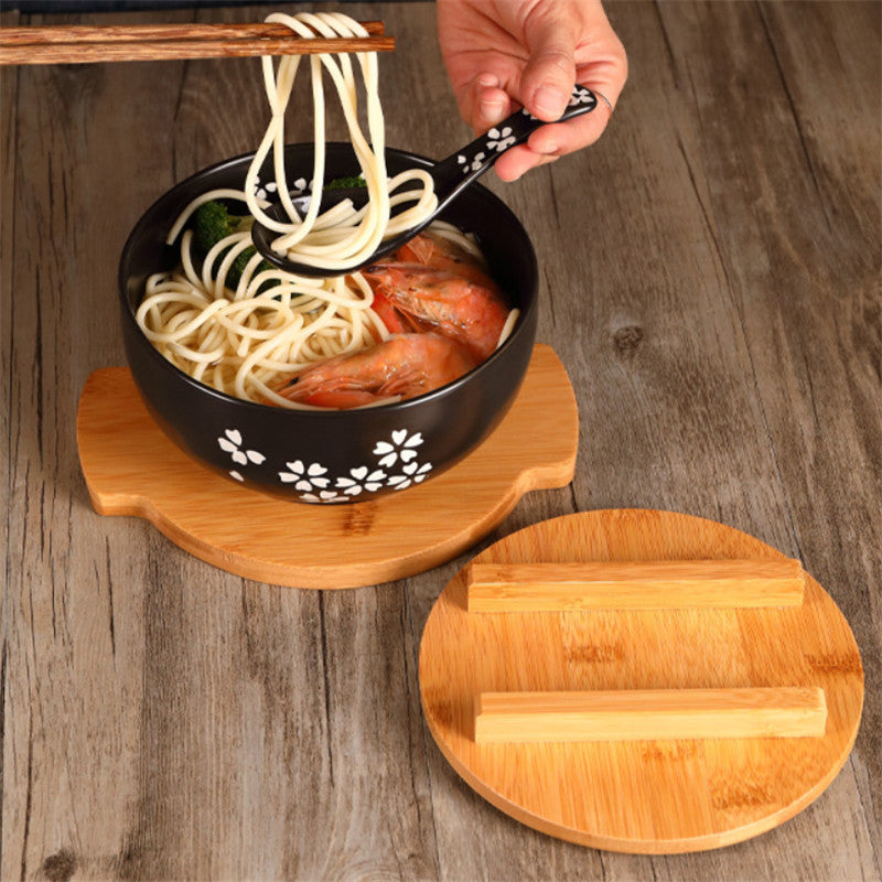 Japanese Style Rice Noodle Bowl with Lid Spoon and Chopstick  Ceramic Kitchen Tableware