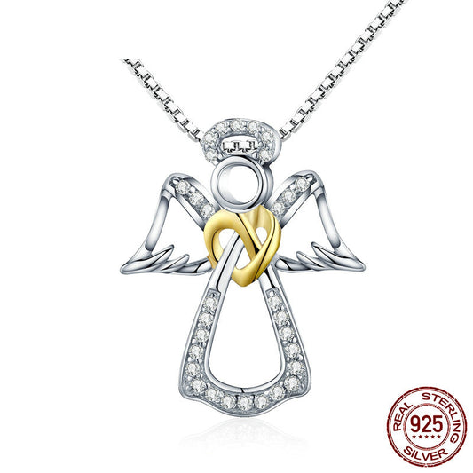 Guardian Angel 14K Gold Heart .925 Sterling Silver Women Pendant Necklace Chain